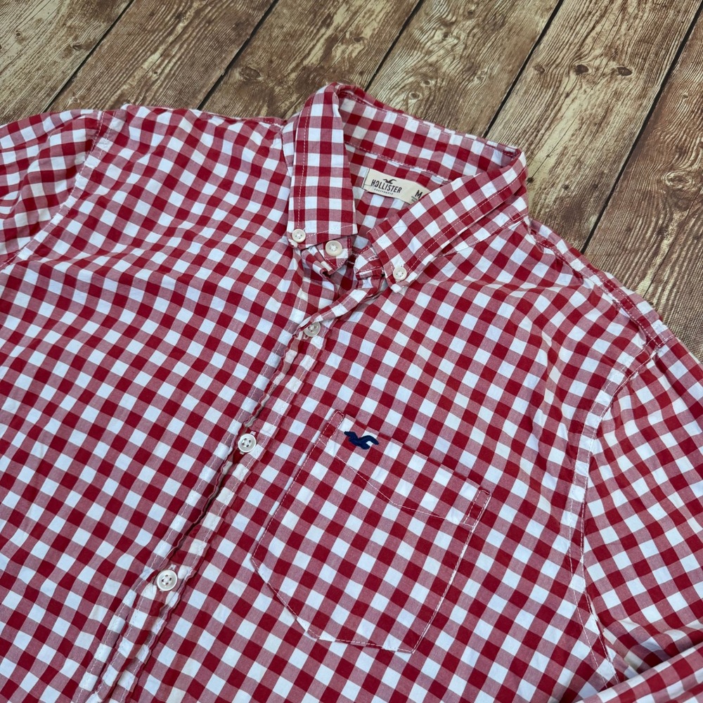 Hollister Gingham Button Down Shirt Mens Medium Red White Long Sleeve Pocket